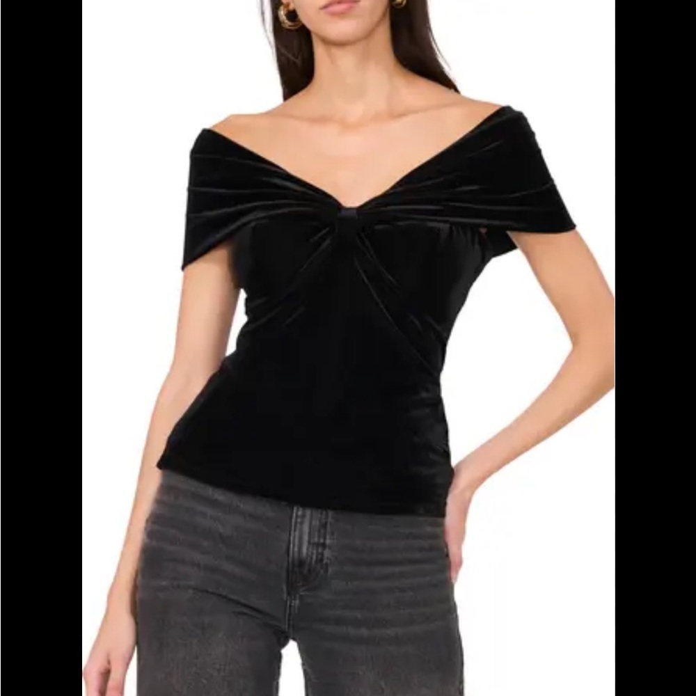 NWT Parker The Kari Rib Velvet Bow off the shoulder blouse top. Retail $88